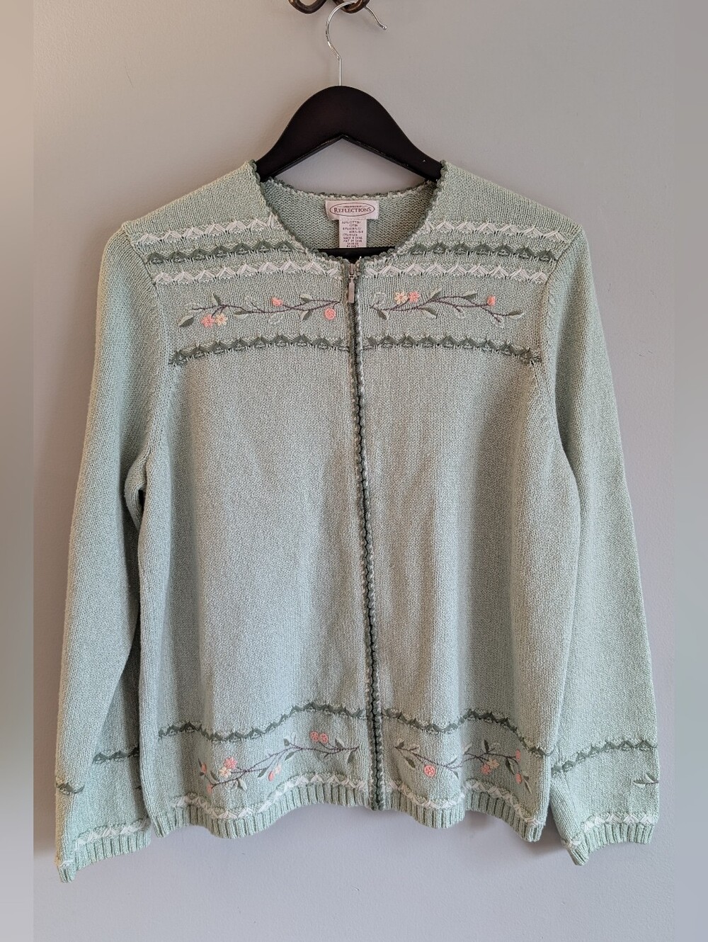 Northern Reflections Vintage Zip Front Cardigan Sweater, Mint Green Floral, L